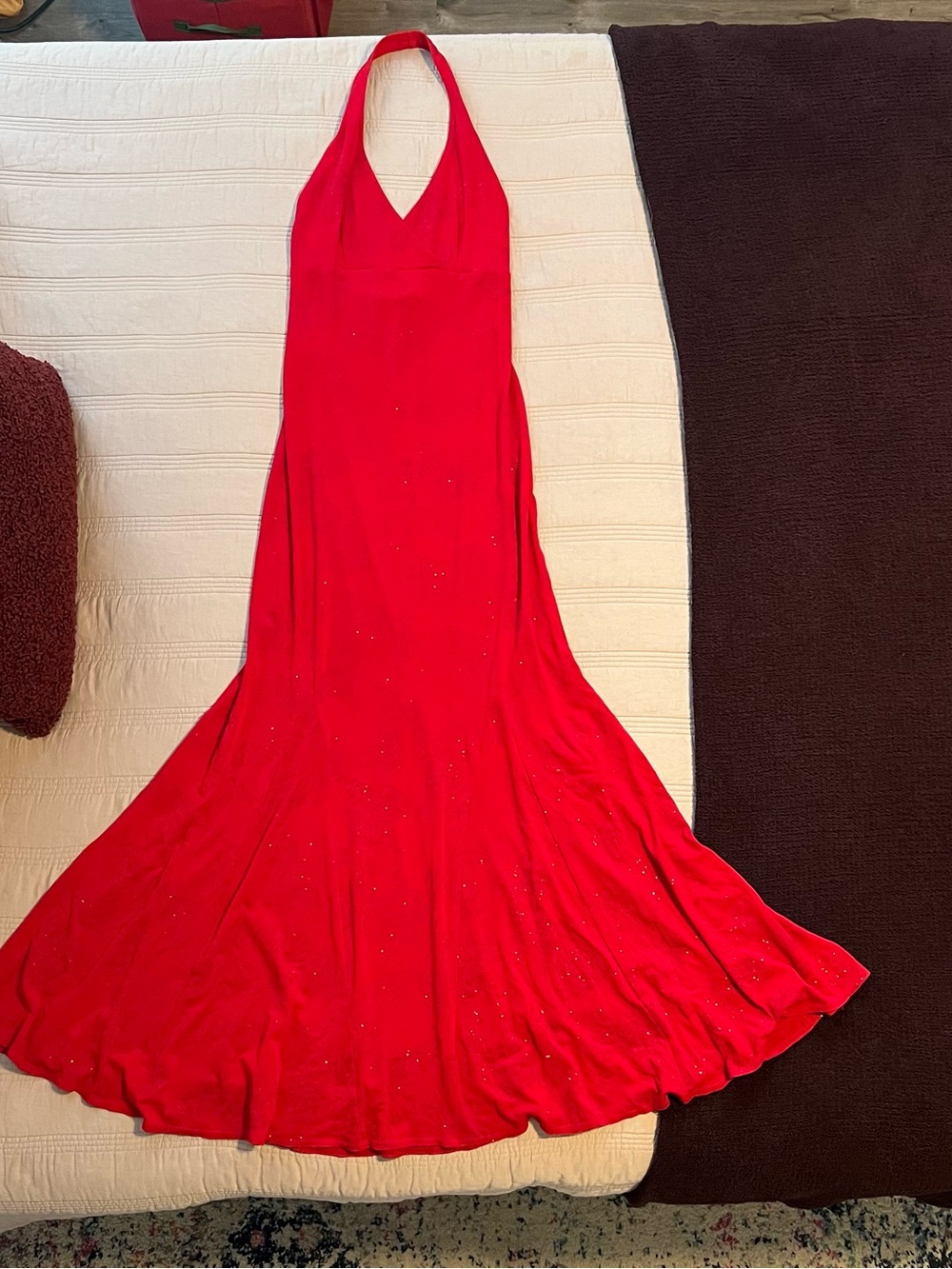 City Triangles Red Halter Gown Mermaid Flare Subtle Paisley Sparkle Stretch 90s